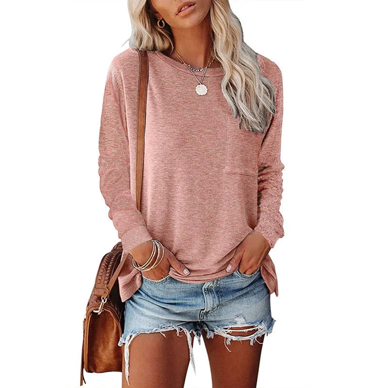Cotton-polyester blend long-sleeved T-shirt with pocket split design in various colours