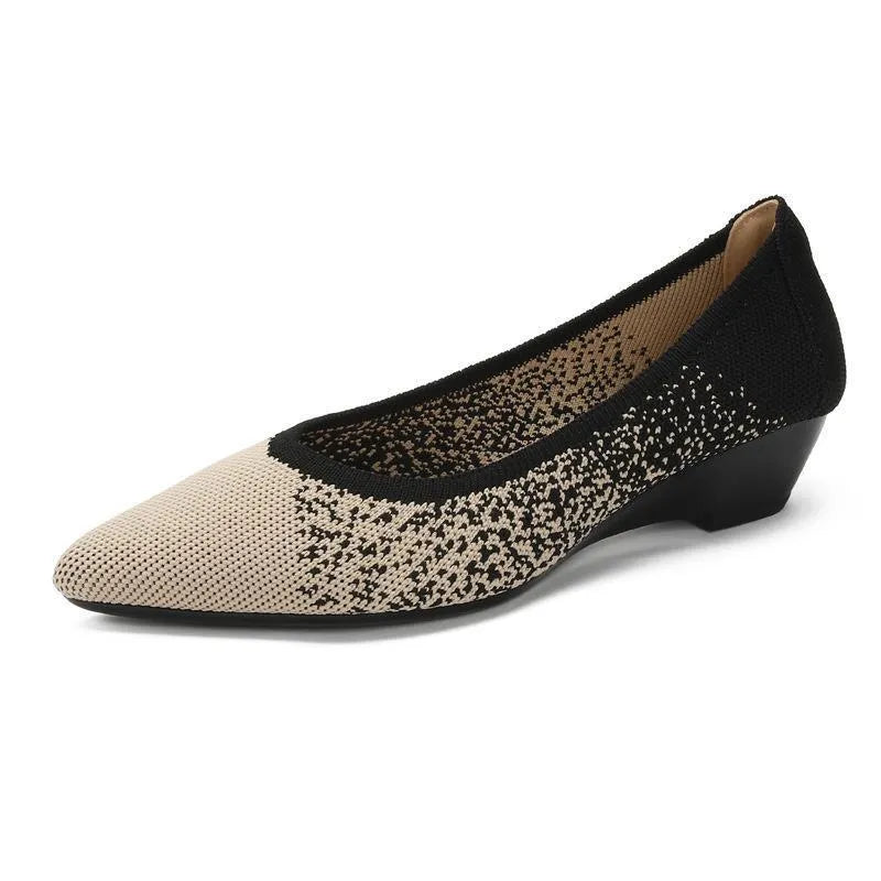 Women's wedge pumps with breathable mesh upper, pointed toe, and low rubber sole in leopard print pattern