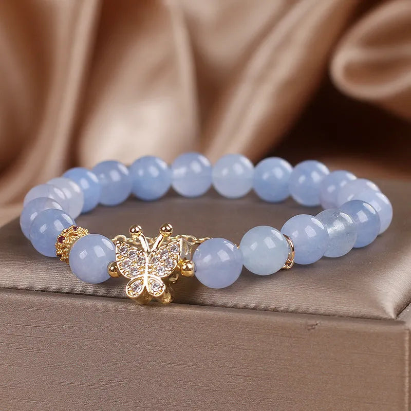 Sky blue aquamarine butterfly crystal bracelet for women with pearl accents and rhinestones