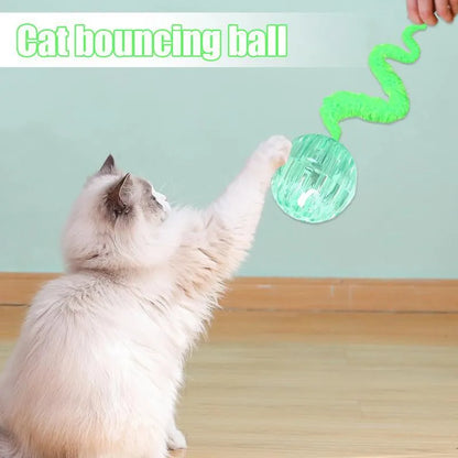 Green interactive cat toy with a bouncy ball and a long worm-shaped tail on a plain background.