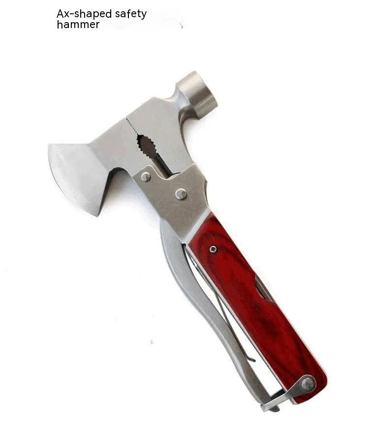 Solid steel 16-in-1 multi-function car safety hammer with window breaker, shown with its Oxford fabric storage pouch.