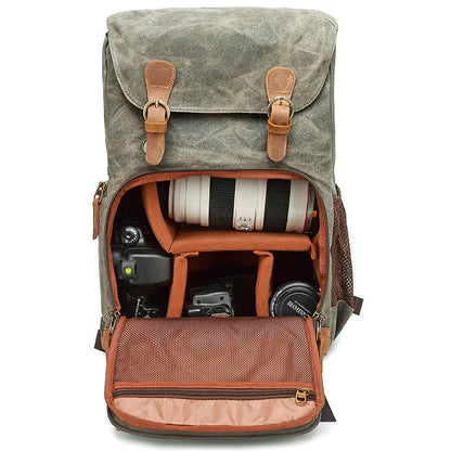 Canvas DSLR camera backpack in khaki colour with backpack straps and protective features