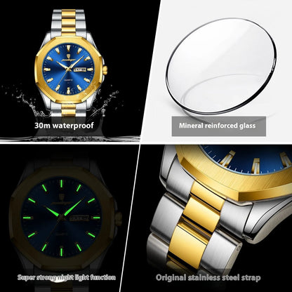 Men's steel strap quartz watch with 9mm thick case in a business style, showing colour options.