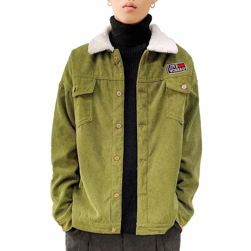 Men's loose fit corduroy workwear jacket in khaki, green, or black with stick pockets and regular sleeves