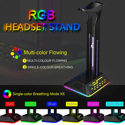 RGB colour changing headset bracket stand with dual USB ports on a desktop