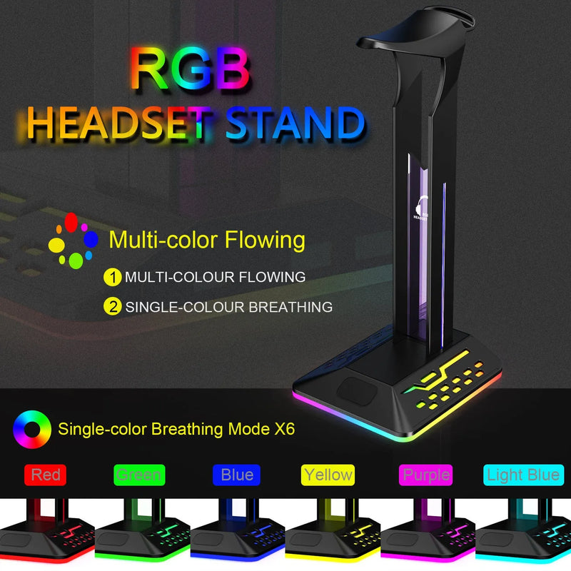 RGB Headset Bracket Dual USB Hub Display Stand featuring Colour Changing LED Lighting for Gaming Headsets, available in Acrylic Black, Acrylic White, Basic Style Black, and Black with Earphone Hole designs, supports graphic customisation