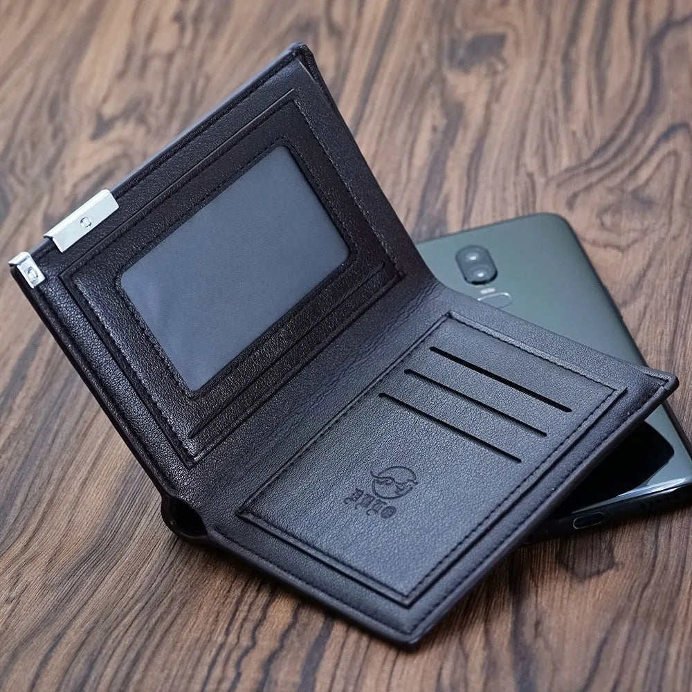 Men's leather wallet with zipper closure, presented in individual packaging.