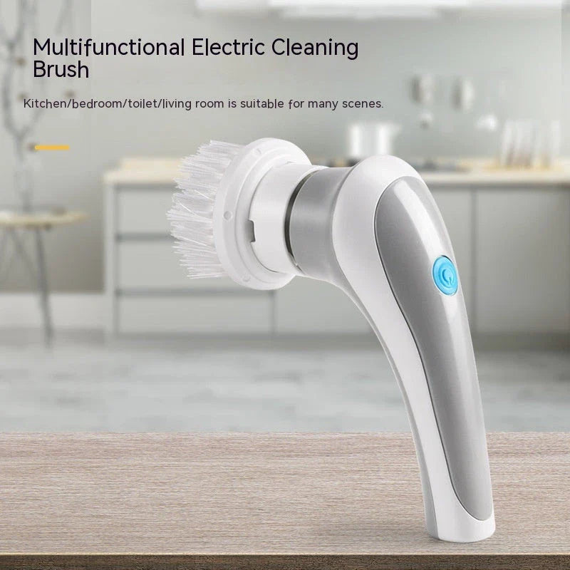 Cordless rechargeable electric cleaning brush with interchangeable brush heads for powerful scrubbing and versatile cleaning