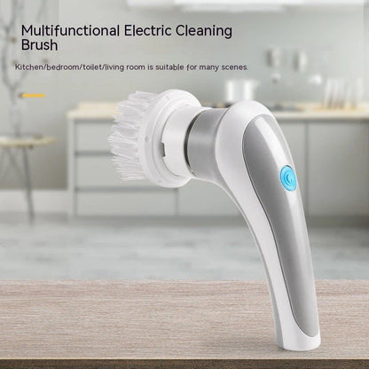 Cordless rechargeable electric cleaning brush with interchangeable brush heads for powerful scrubbing and versatile cleaning