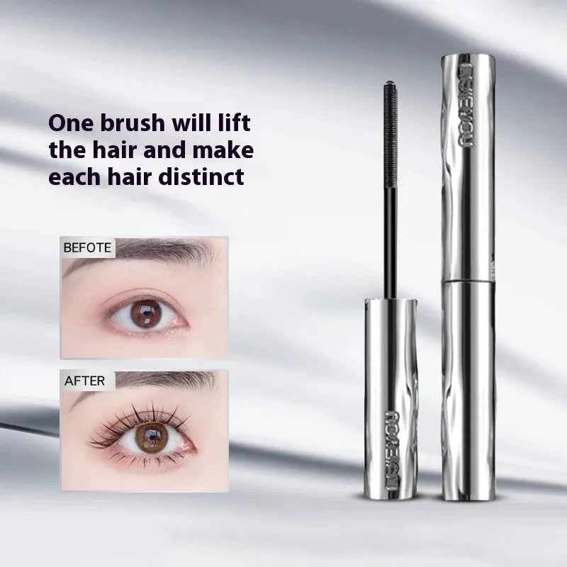 Waterproof steel tube mascara in black and brown shades with optional eyelash curler.