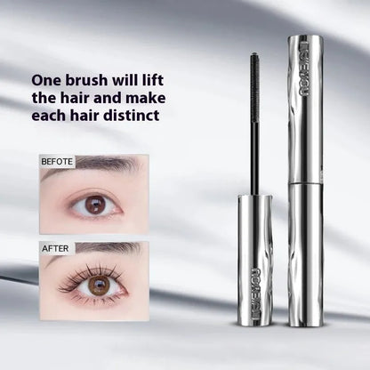 Waterproof steel tube mascara in black and brown shades with optional eyelash curler.