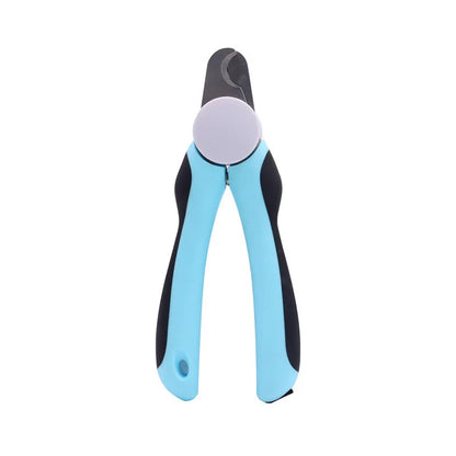 Blue heavy-duty dog nail clippers with safety guard and ergonomic non-slip handles on a white background.