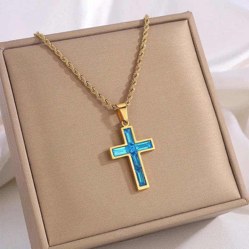 Elegant European and American-inspired diamond cross necklace with unique geometric design and vibrant, fade-resistant finish