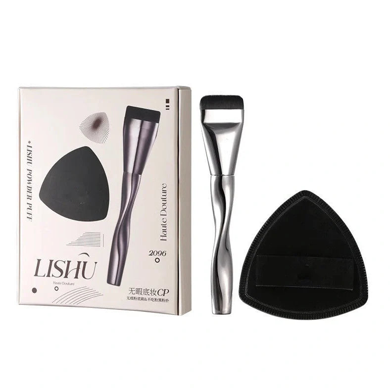 Spiral-shaped powder foundation brush with artificial fibre bristles and long plastic handle