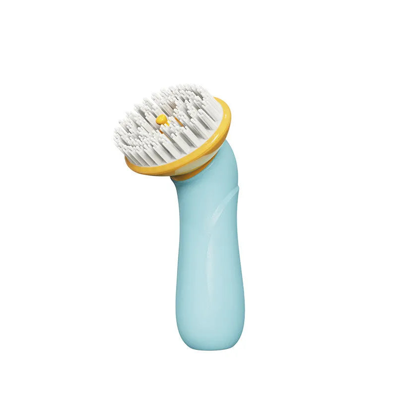 Blue hand-held pet bath brush with soft bristles for dog and cat grooming.