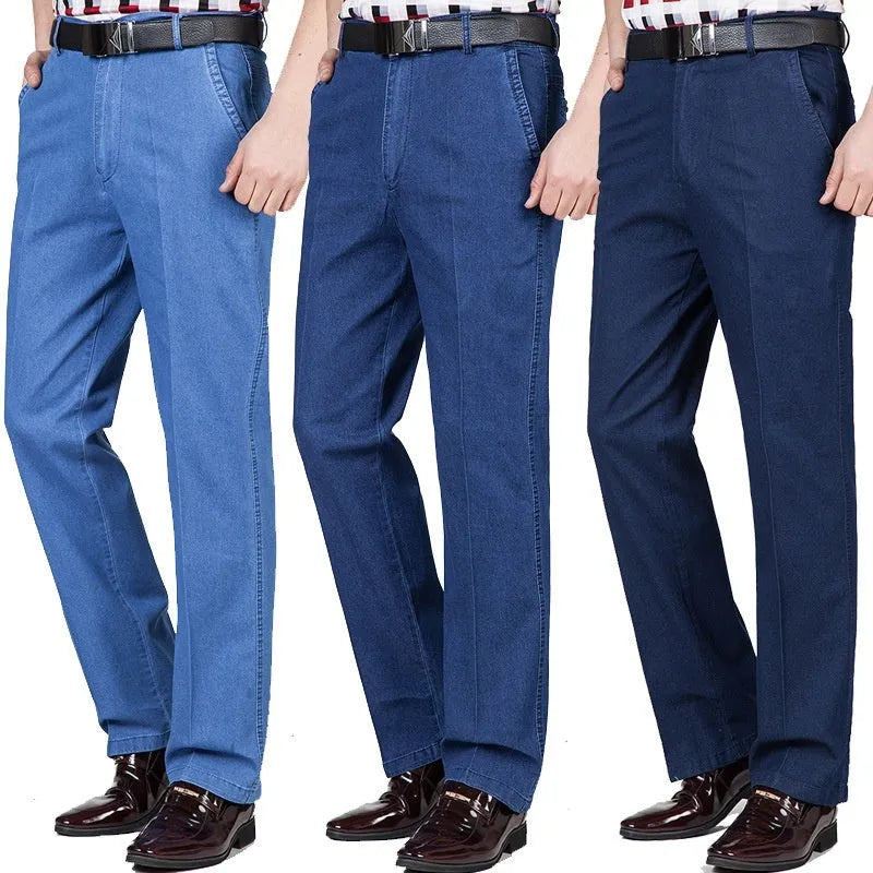 Men's high waist loose blue jeans with zip fly in light, medium and dark colour options