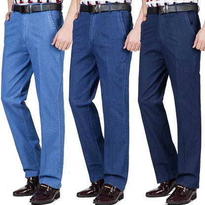 Men's high waist loose blue jeans with zip fly in light, medium and dark colour options
