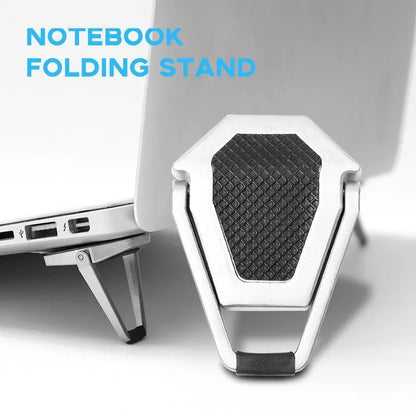 Compact foldable aluminium alloy laptop stand bracket shown with adhesive backing