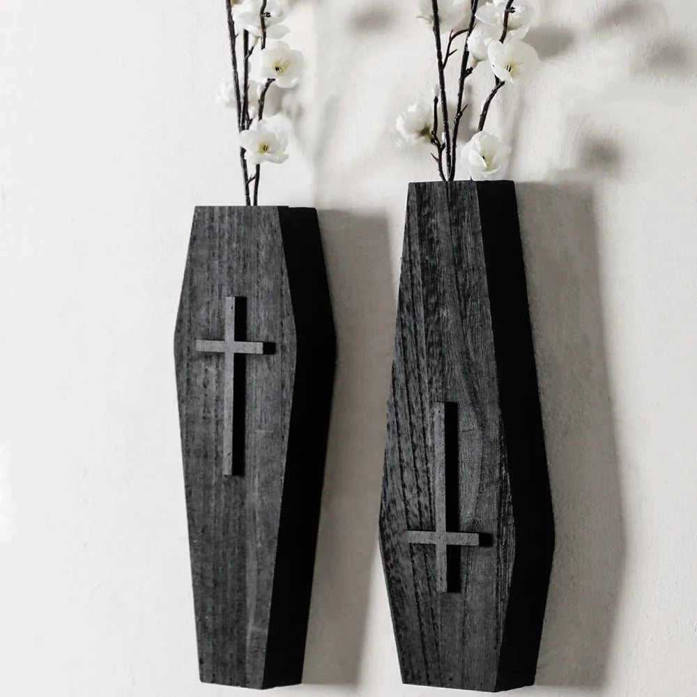 Wooden cross wall vase shelf in rustic style, dimensions 27cm by 9cm.