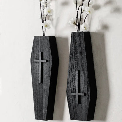 Wooden cross wall vase shelf in rustic style, dimensions 27cm by 9cm.