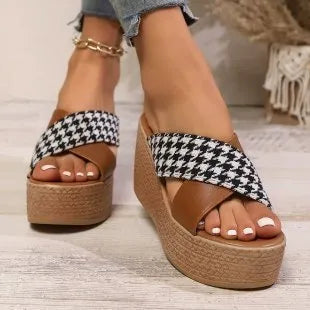 Women's brown leopard plaid wedge sandals with rubber sole on a white background