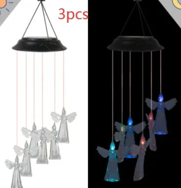 Solar wind chime with colour-changing LED, hummingbird and butterfly designs, waterproof outdoor hanging light for patio yard garden