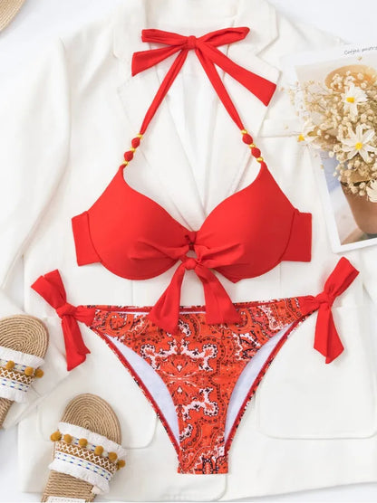 Ladies polyester bikini swimsuit set available in multiple colours including blue, red, and fluorescent green