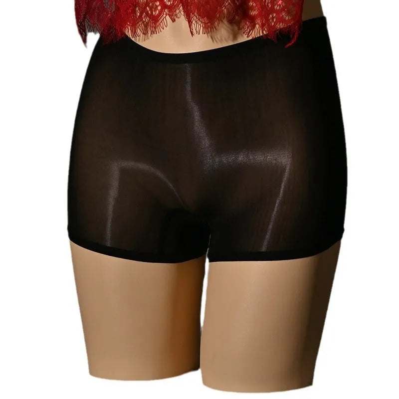 Shiny men's seamless underwear stockings in red, black, grey, white, and skin-tone colours on a mid waist.