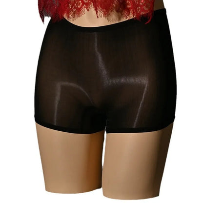 Shiny men's seamless underwear stockings in red, black, grey, white, and skin-tone colours on a mid waist.