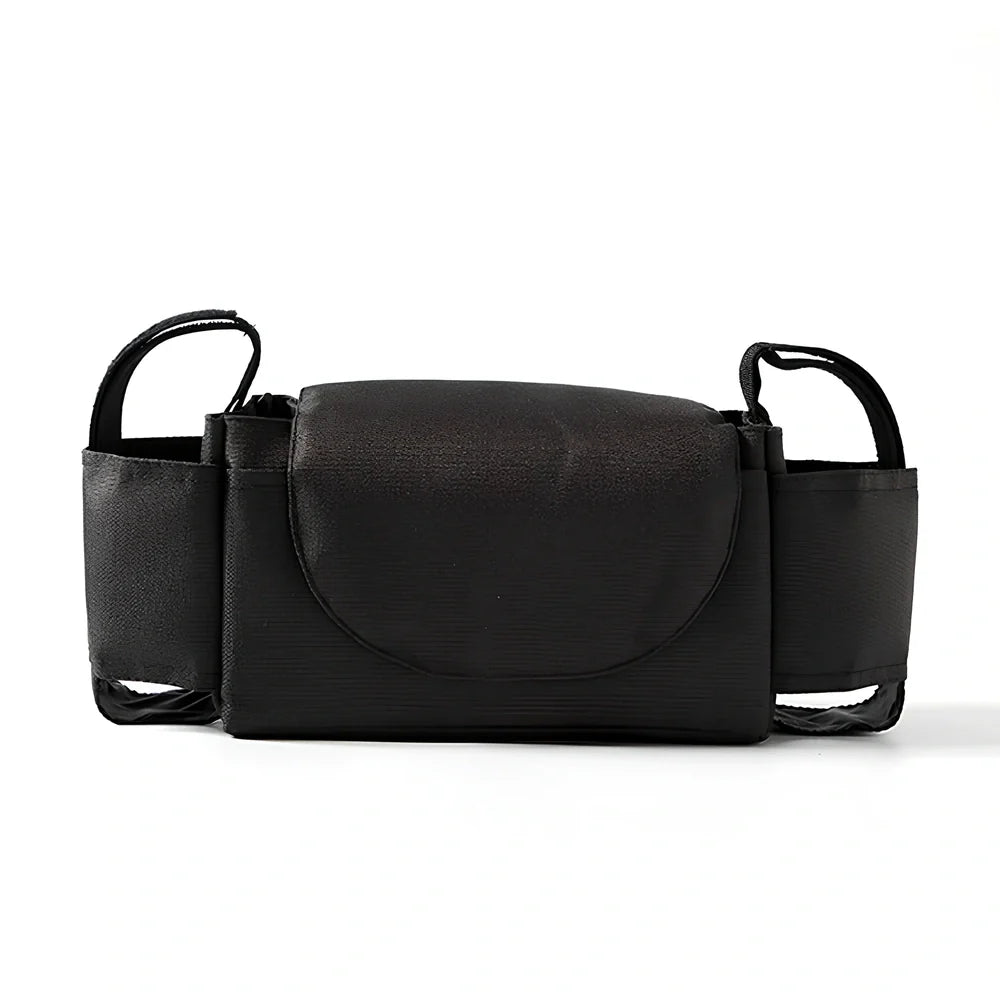35cm wide baby stroller organiser with compartments and velcro dust cover mounted on pram pole