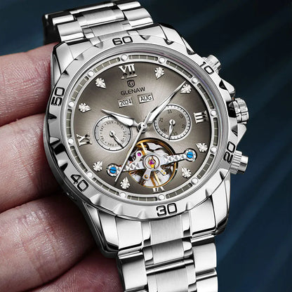 Men's automatic mechanical watch with stainless steel strap and mineral glass, showing silver case with blue surface option