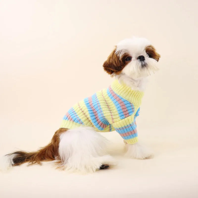 Blue and yellow striped wool-blend dog sweater for small breeds with size options