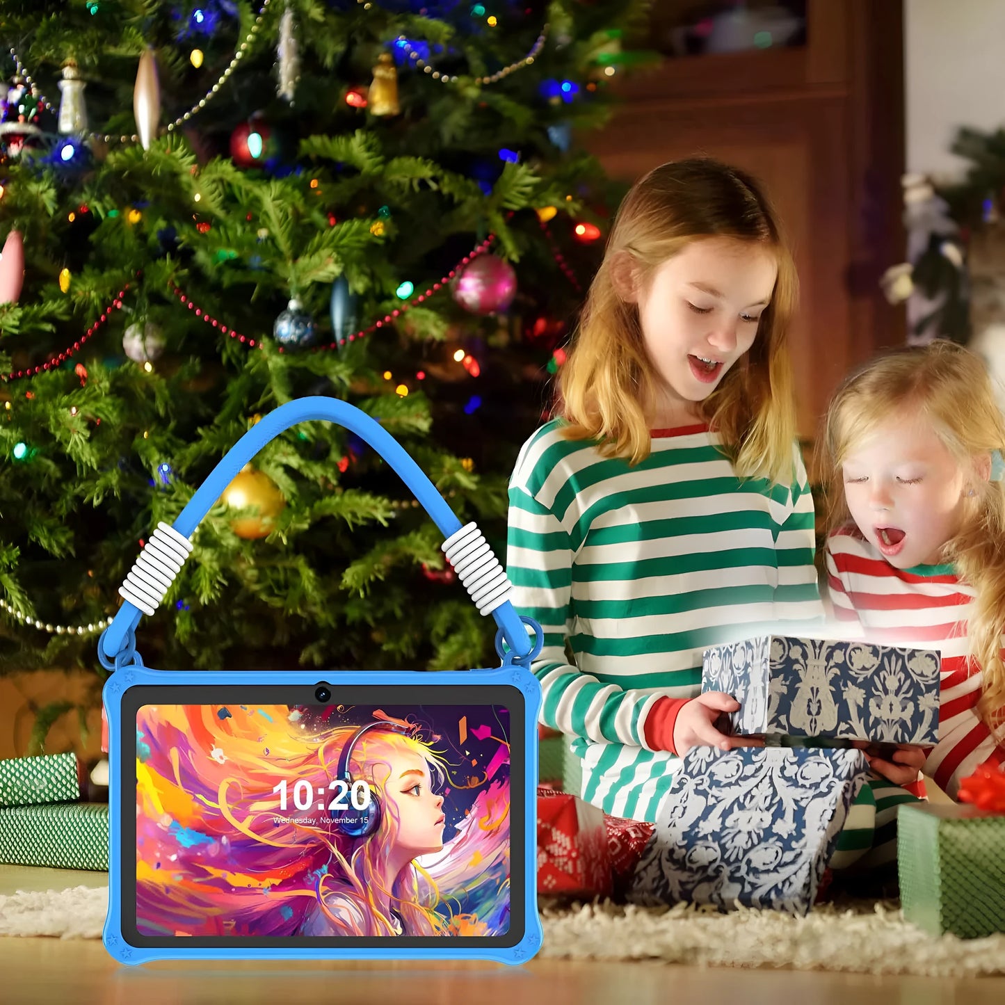 Blue silicone protective case with strap for a 7-inch children's tablet, shown with screen protector and cable.