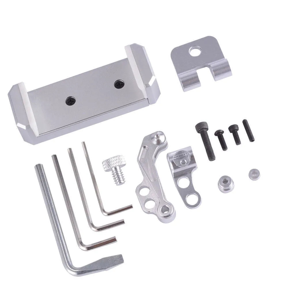 Silver metal car mount phone holder with tablet capability and remote control lanyard for UAV accessories