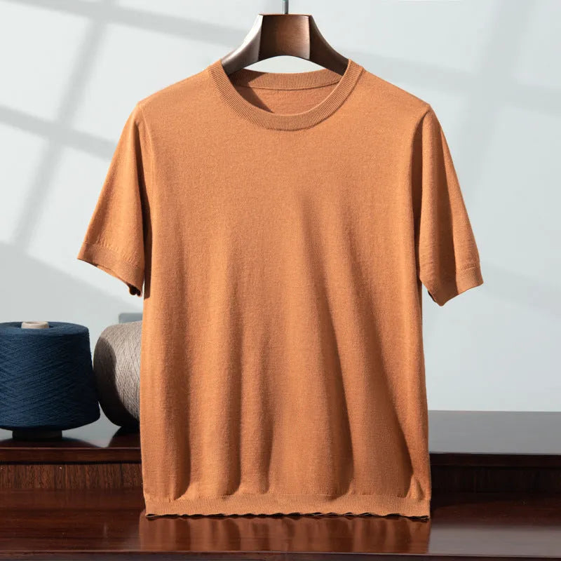 Men's knitted thin short sleeve round neck pullover shirt, loose casual bottoming shirt for leisure wear, available in eight colours including glacier blue and cocoa brown, sizes S to XXXL.
