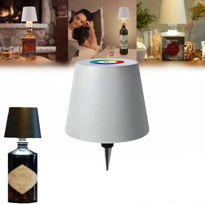 Wireless LED desk lamp in black tricolour finish, bottle-shaped with detachable base and touch control for 2000mAh powered lighting