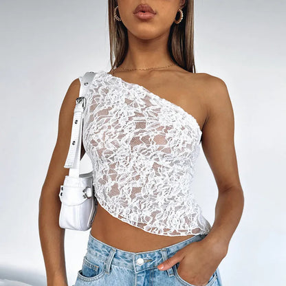 Women's backless lace vest top with asymmetrical neckline in solid colour.