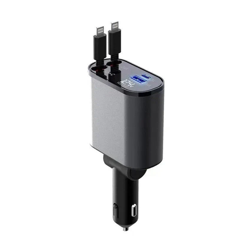 High-Speed 100W Car Charger with USB and Type-C Ports - Premium Metal Design, Fast Charging, Retractable Cable