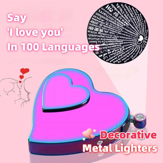 Double heart-shaped windproof metal candle lighter in four colours: colourful ice, blue ice, bright red, and rose gold