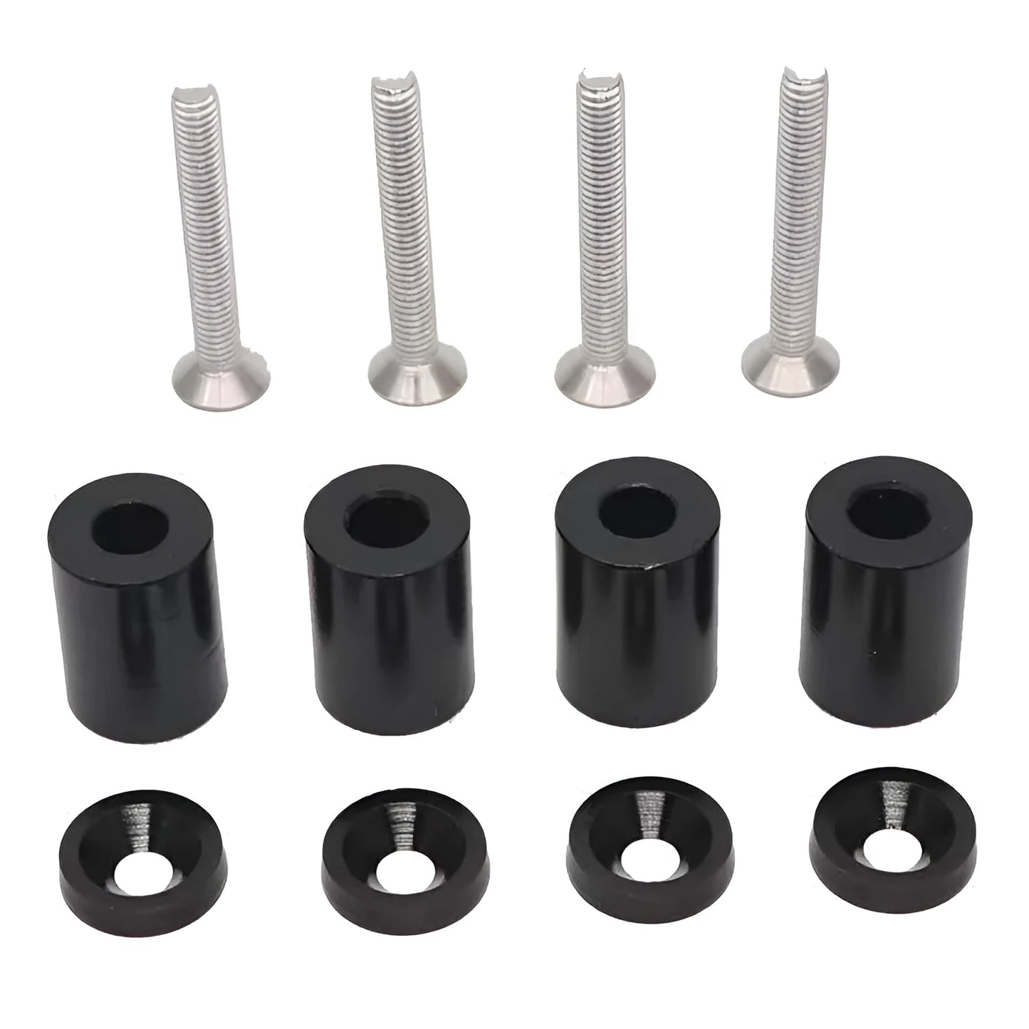 Aluminium engine cover spacer kit with four screws, nuts, and washers in red, blue, and black colours