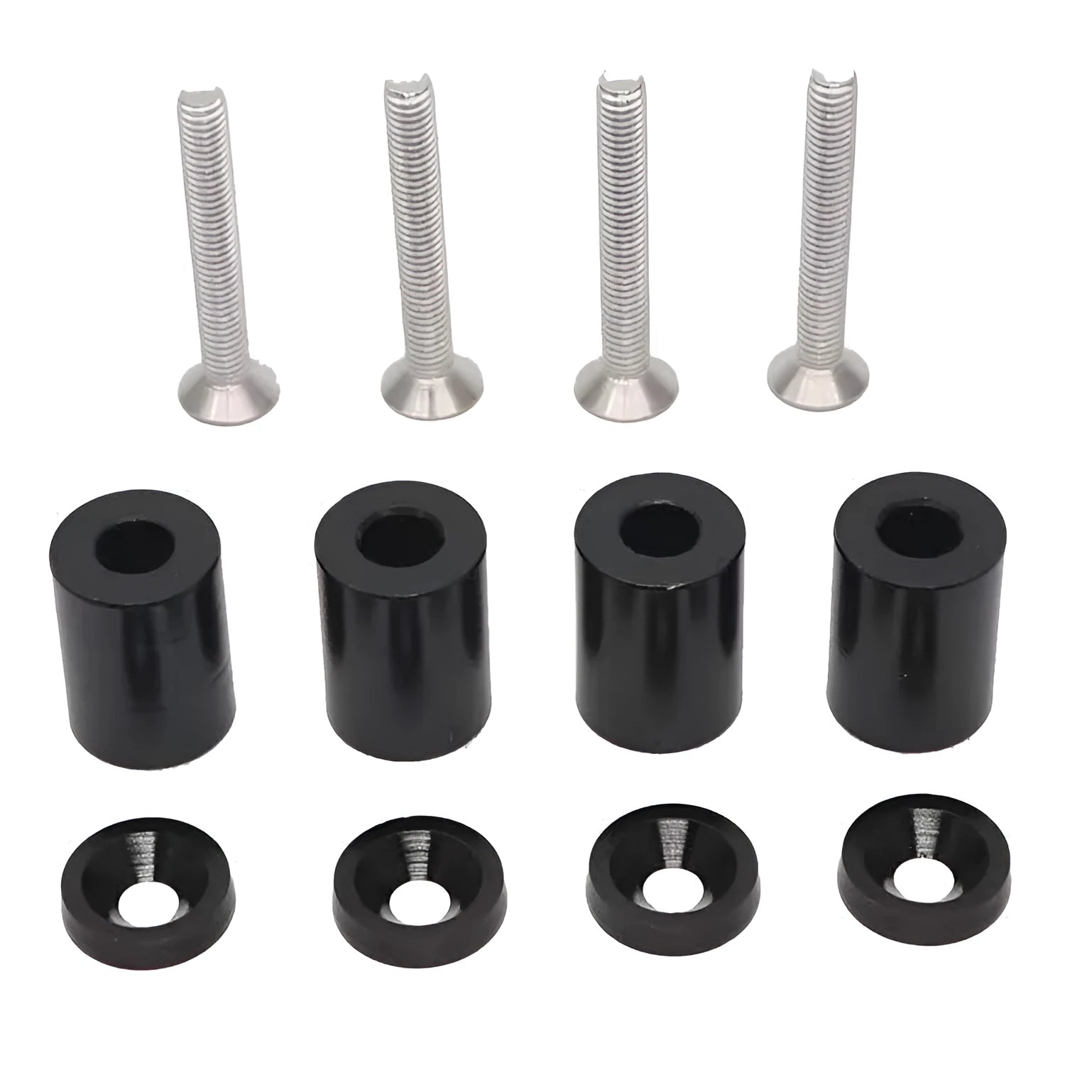Aluminium engine cover spacer kit with four screws, nuts, and washers in red, blue, and black colours