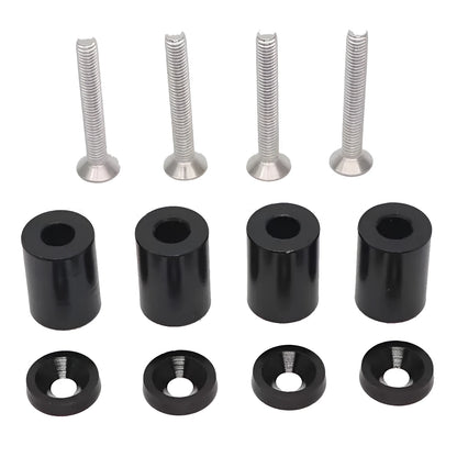 Aluminium engine cover spacer kit with four screws, nuts, and washers in red, blue, and black colours