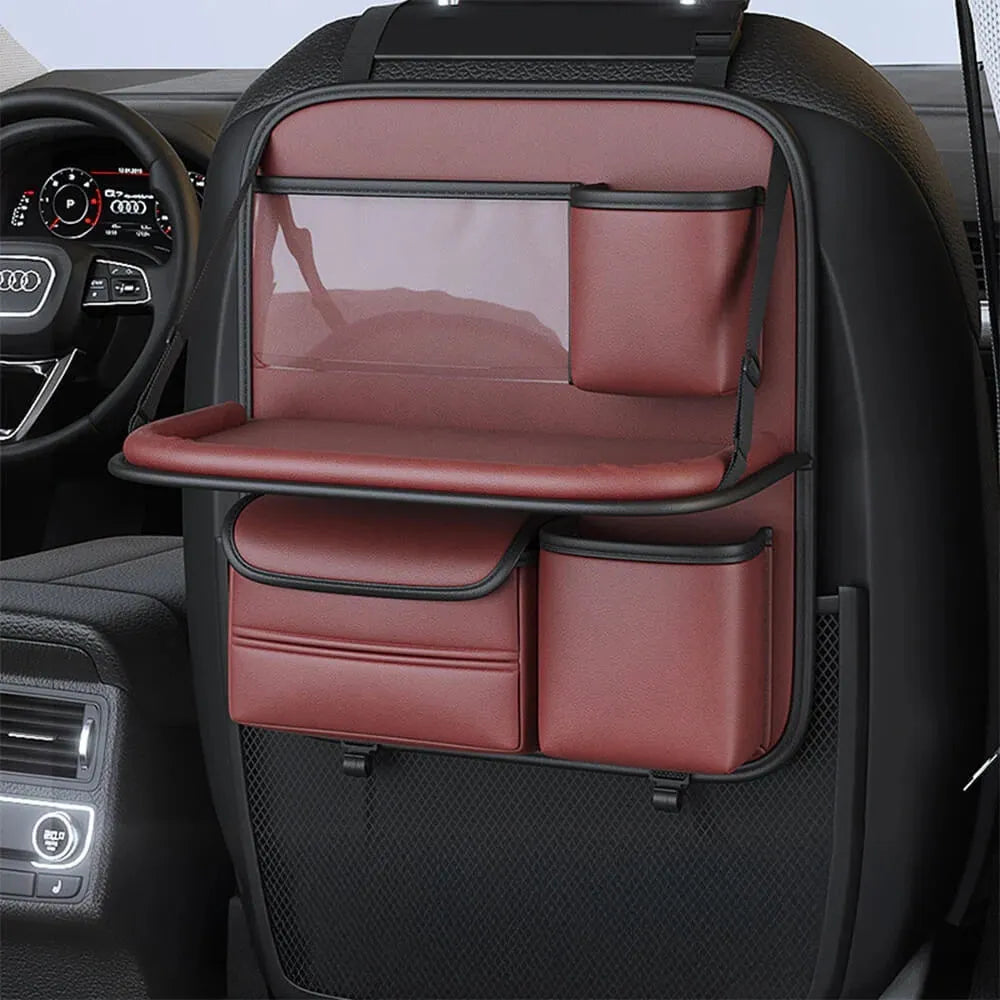 Leather car seat hanging storage bag with a fold-out dining table in black colour