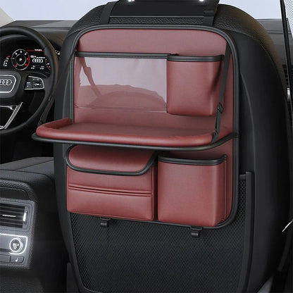 Leather car seat hanging storage bag with a fold-out dining table in black colour
