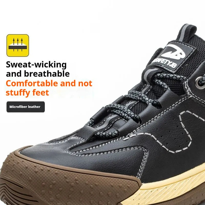 Flyknit work safety shoes with leather upper and rubber sole in multiple colour options