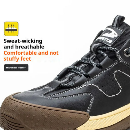 Flyknit work safety shoes with leather upper and rubber sole in multiple colour options