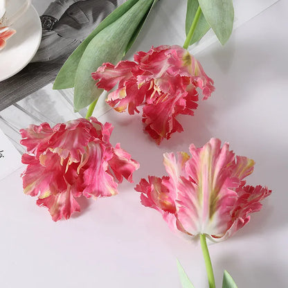 Artificial toothed tulip flower arrangement in yellow colour with soft rubber and PVC petals
