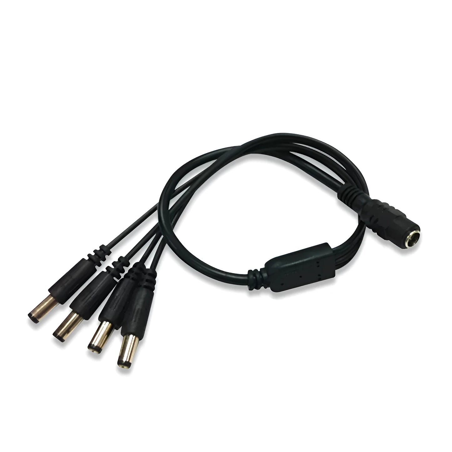 Black DC monitoring power splitter cable with four output connectors for security camera systems