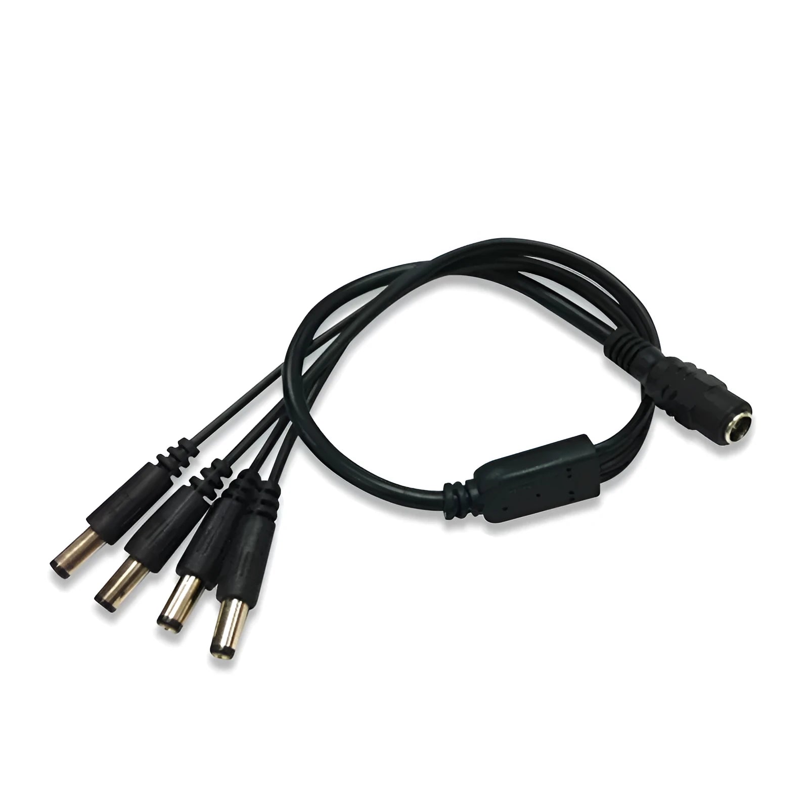 Black DC monitoring power splitter cable with four output connectors for security camera systems