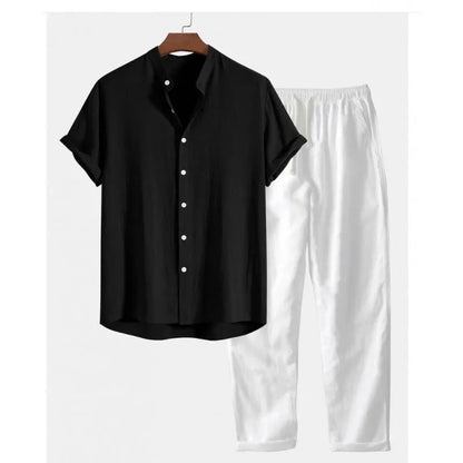 Men's casual loose fit short sleeve shirt and trousers suit in linen-look polyester fabric, available in multiple colours